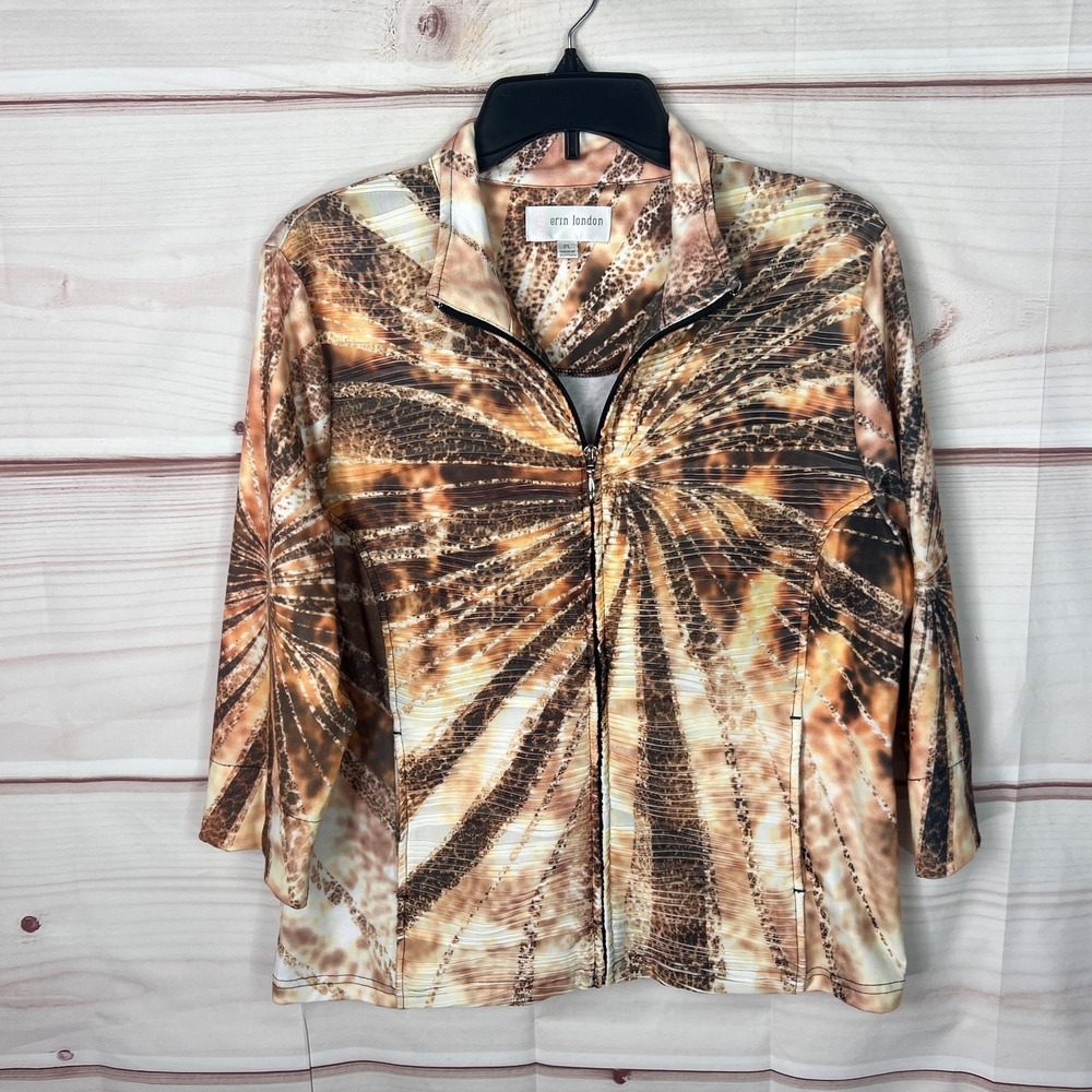 Erin London Jacket Womens PL Brown Yellow Printed Full Zip Pleated Front Pockets